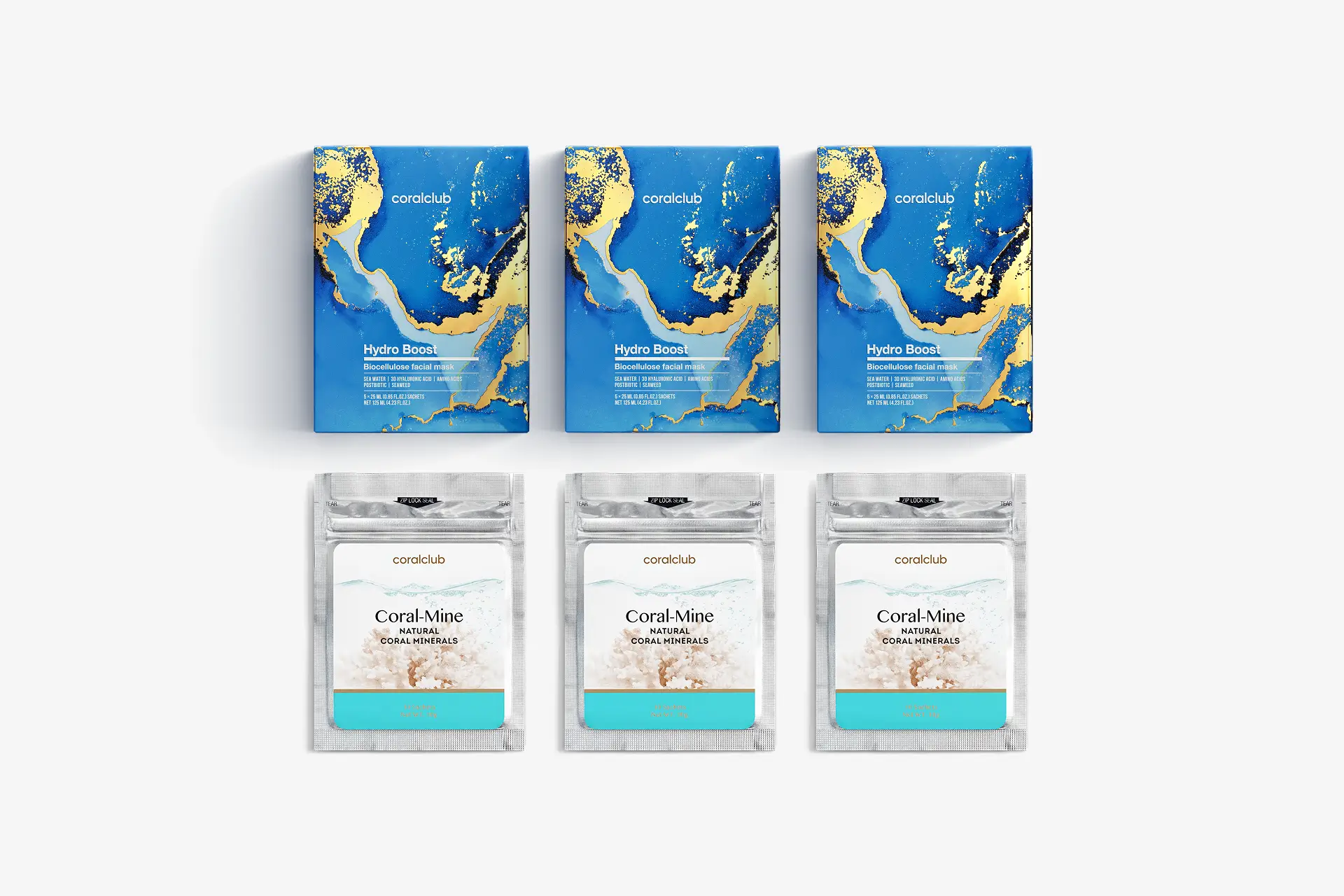 Hydro Boost Biocellulose facial mask, 25 ml, 15 Sachets + Coral-Mine, 30 sachets 1 g